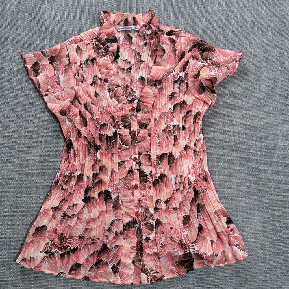 Signature by Larry Levine Pink Floral Micro Pleated Ruffle Neck Blouse Large